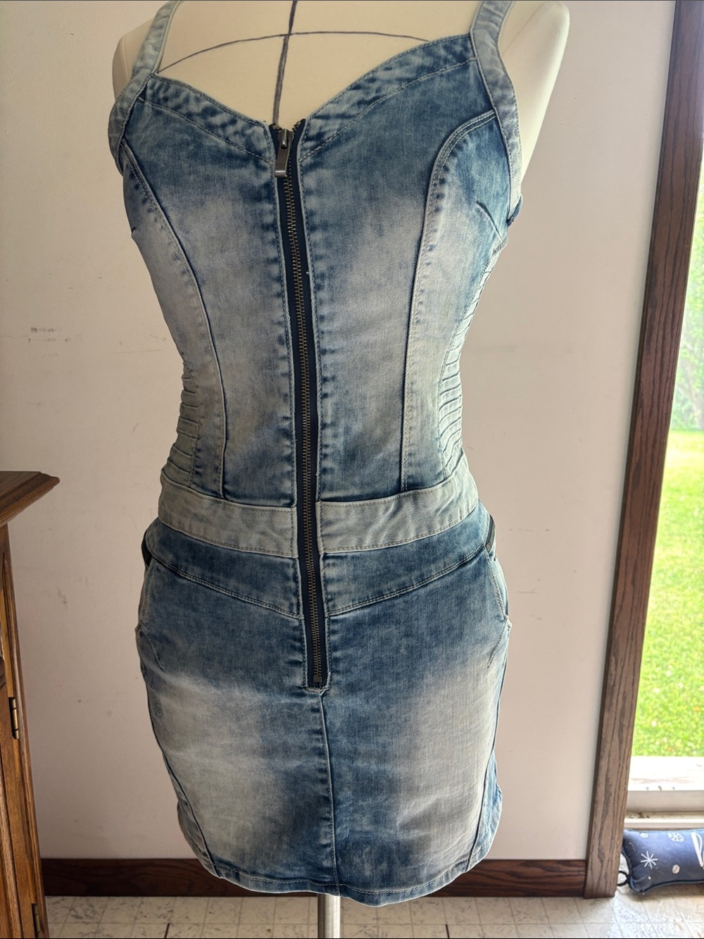 Women’s Light Blue Denim Zip-Front Overalls Dress